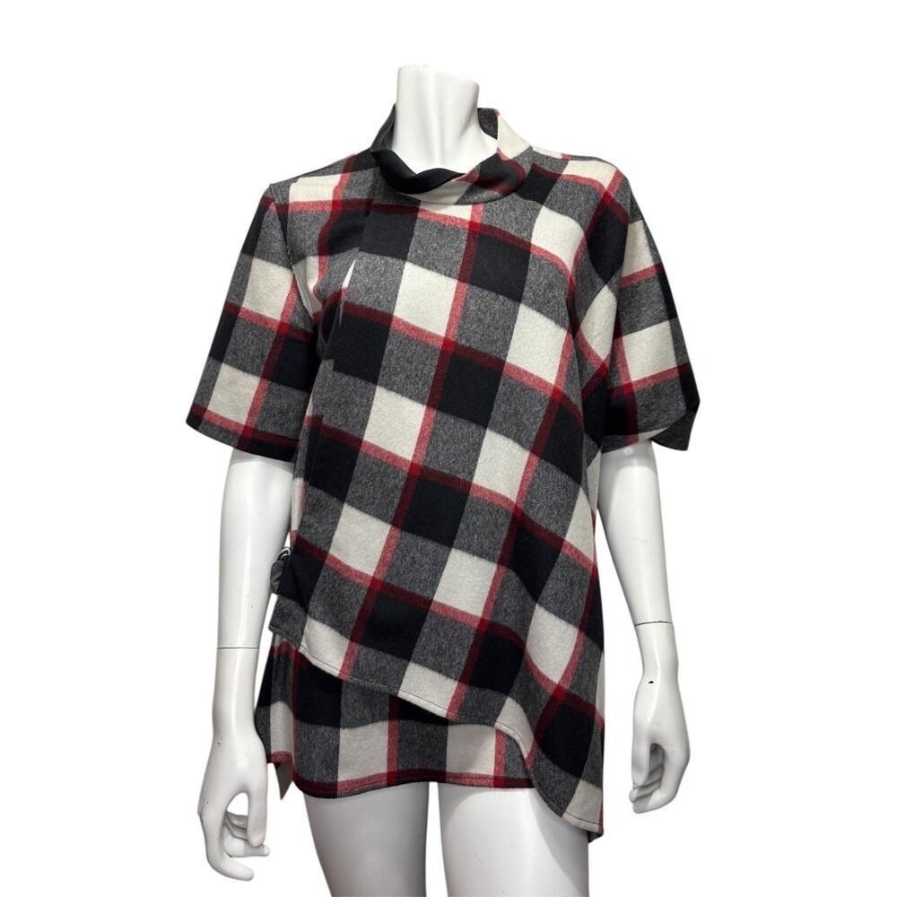 3.1 Phillip Lim Plaid Poncho Sweater Size 2 Red Black Wool Angora Silk Wrap Top